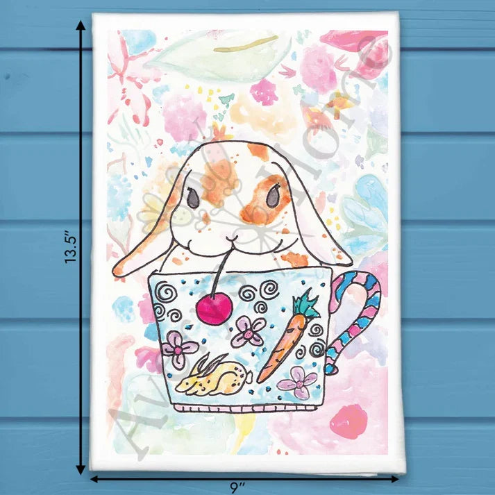 Teacup Bunny flour sack dish towel, art by Avery Jackson