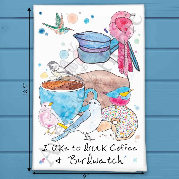 I Like to Drink Coffee & Birdwatch flour sack dish towel, art by Avery Jackson