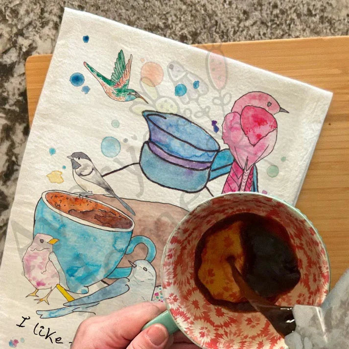 I Like to Drink Coffee & Birdwatch dish towel, 27x27 flour sack cotton