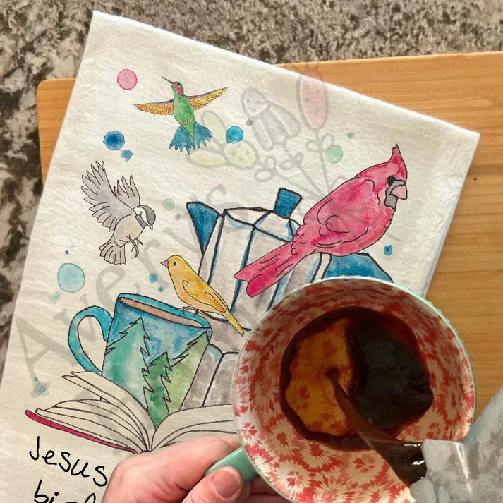 Jesus Coffee & Birdwatching dish towel, 27x27 flour sack cotton