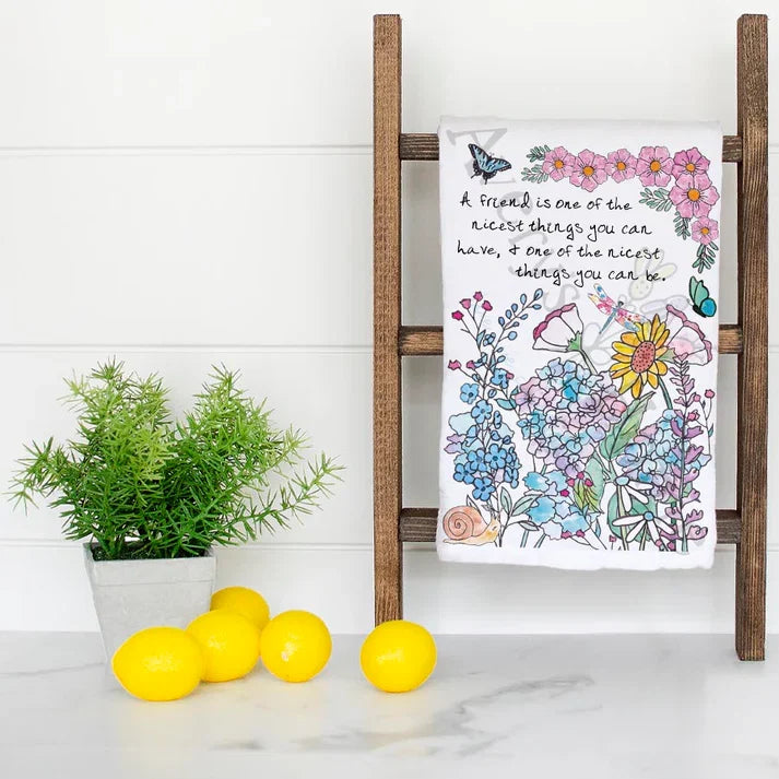 Friendship and Flower Garden dish towel folded, hemmed on all four sides