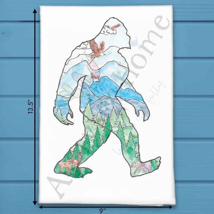 Bigfoot Landscape flour sack dish towel, art by Avery Jackson