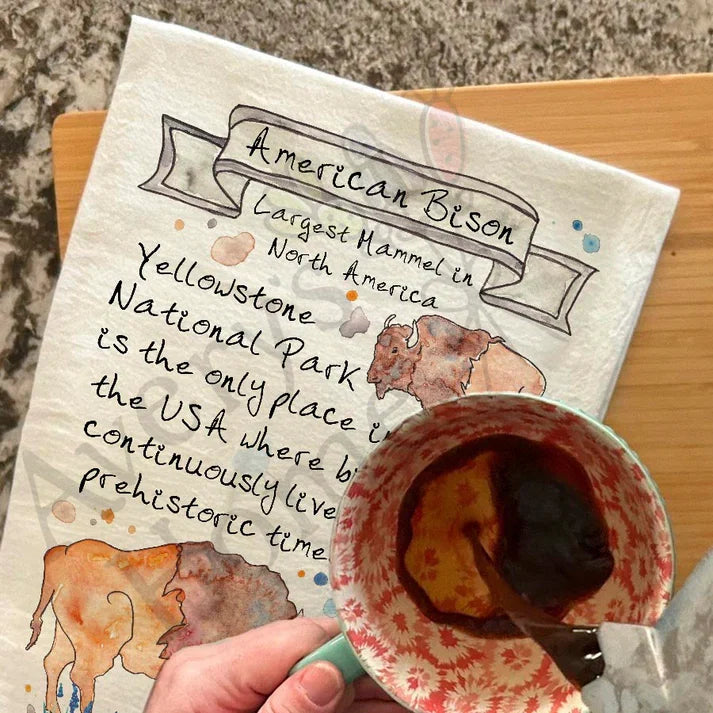 American Bison Facts dish towel hanging in the kitchen
