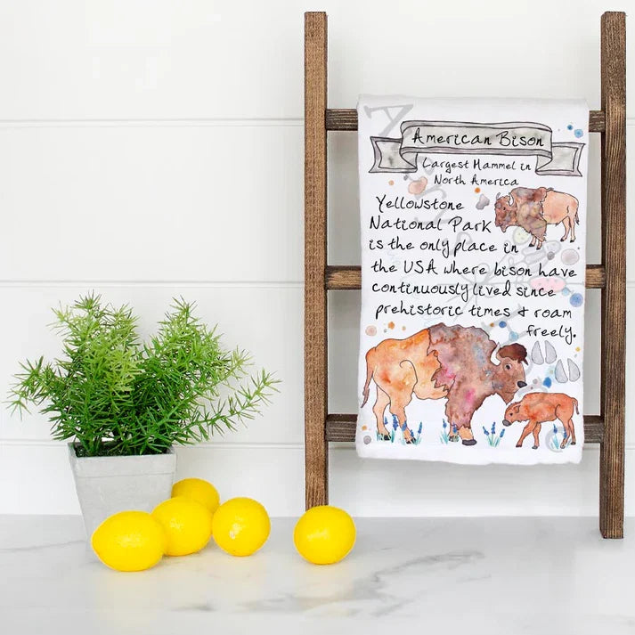 American Bison Facts dish towel folded, hemmed on all four sides
