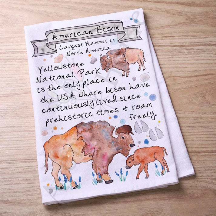 American Bison Facts flour sack dish towel, art by Avery Jackson