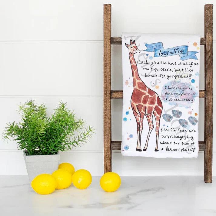 Giraffe Facts dish towel folded, hemmed on all four sides