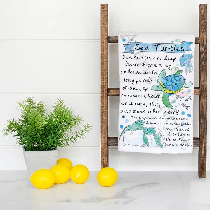 Sea Turtle Facts dish towel folded, hemmed on all four sides