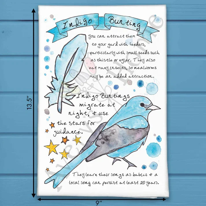 Indigo Bunting Facts flour sack dish towel, art by Avery Jackson