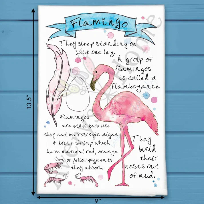 Flamingo Facts flour sack dish towel, art by Avery Jackson