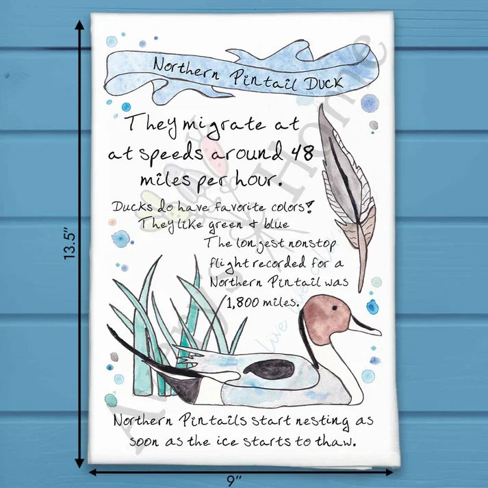 Northern Pintail Duck Facts flour sack dish towel, art by Avery Jackson