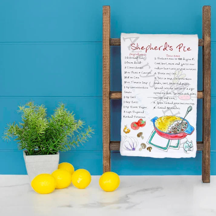 Shepherd's Pie Recipe dish towel hanging in the kitchen