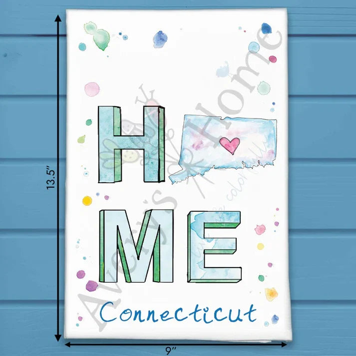 HOME in Connecticut flour sack dish towel, art by Avery Jackson
