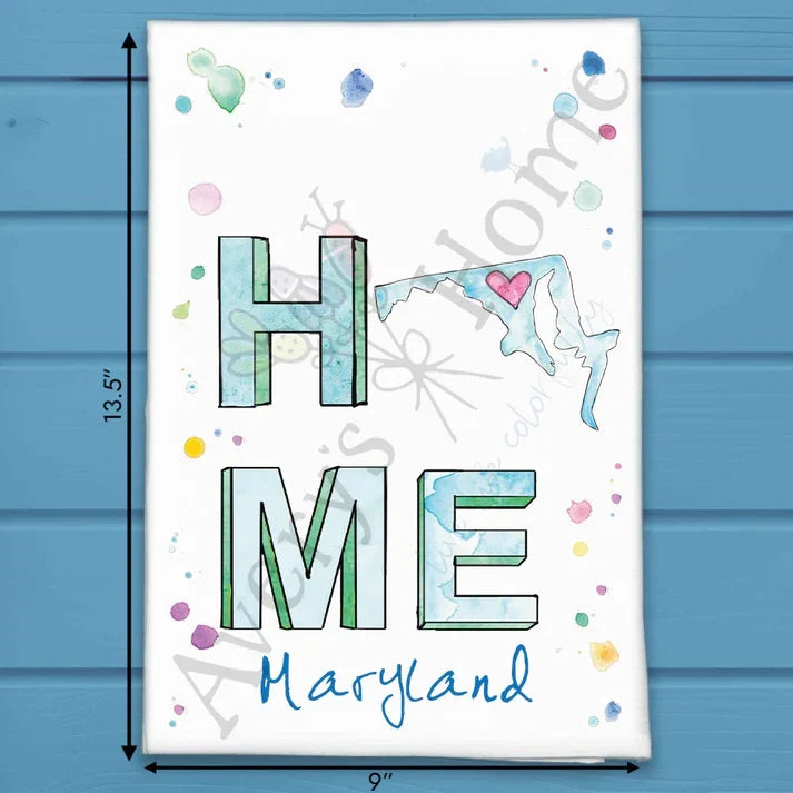 HOME in Maryland flour sack dish towel, art by Avery Jackson