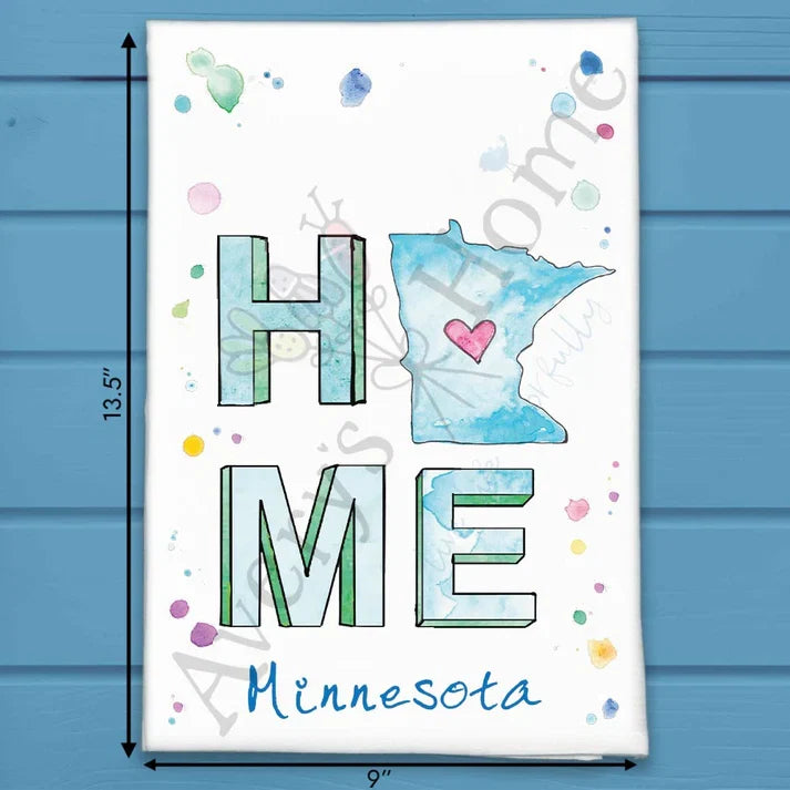 HOME in Minnesota flour sack dish towel, art by Avery Jackson