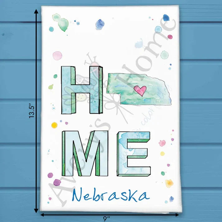 HOME in Nebraska flour sack dish towel, art by Avery Jackson