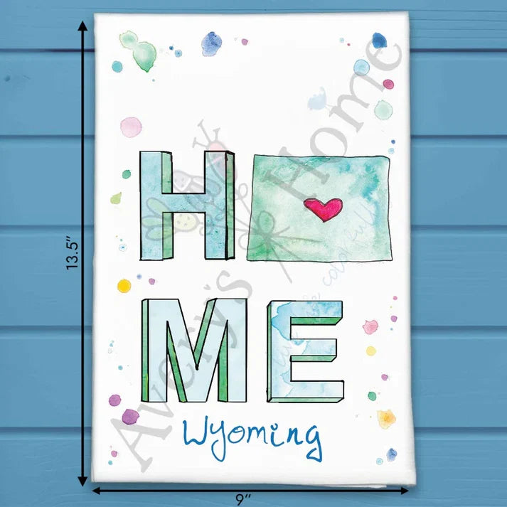HOME in Wyoming flour sack dish towel, art by Avery Jackson
