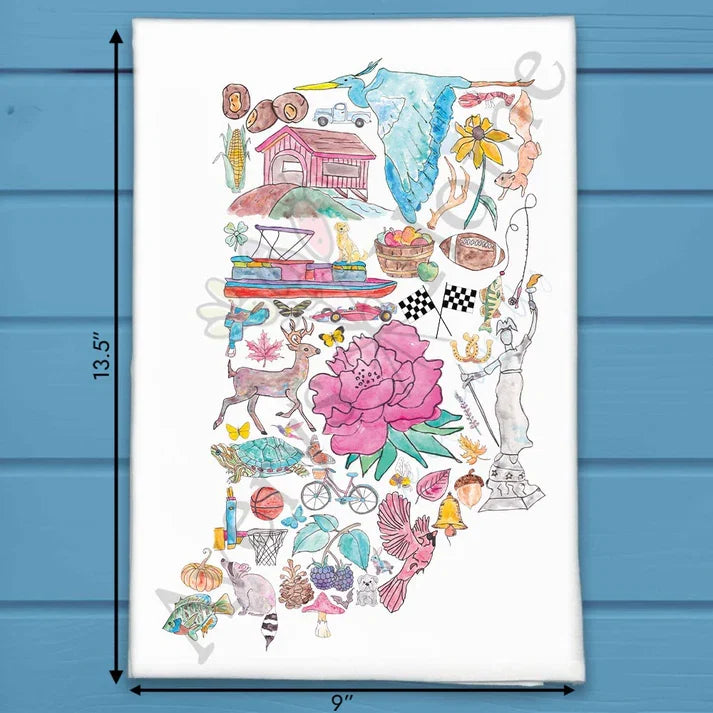Indiana State Icons flour sack dish towel, art by Avery Jackson