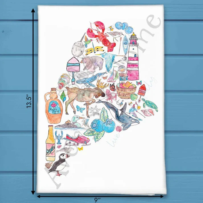 Maine State Icons flour sack dish towel, art by Avery Jackson