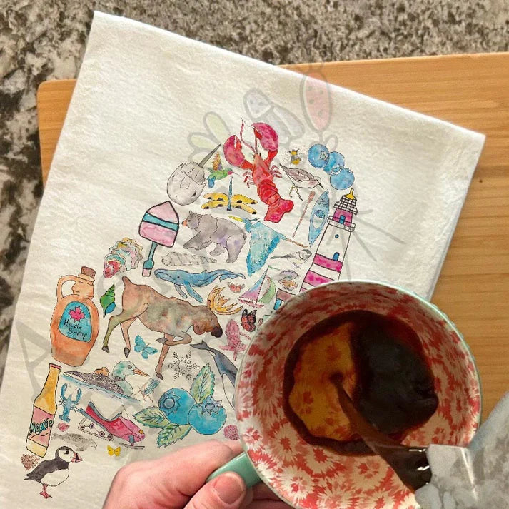 Maine State Icons dish towel, 27x27 flour sack cotton