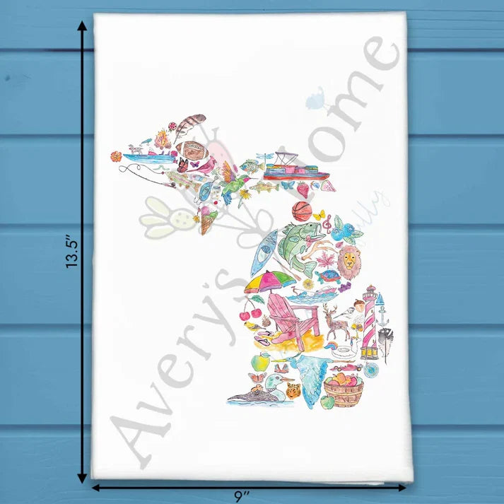 Michigan State Icons flour sack dish towel, art by Avery Jackson