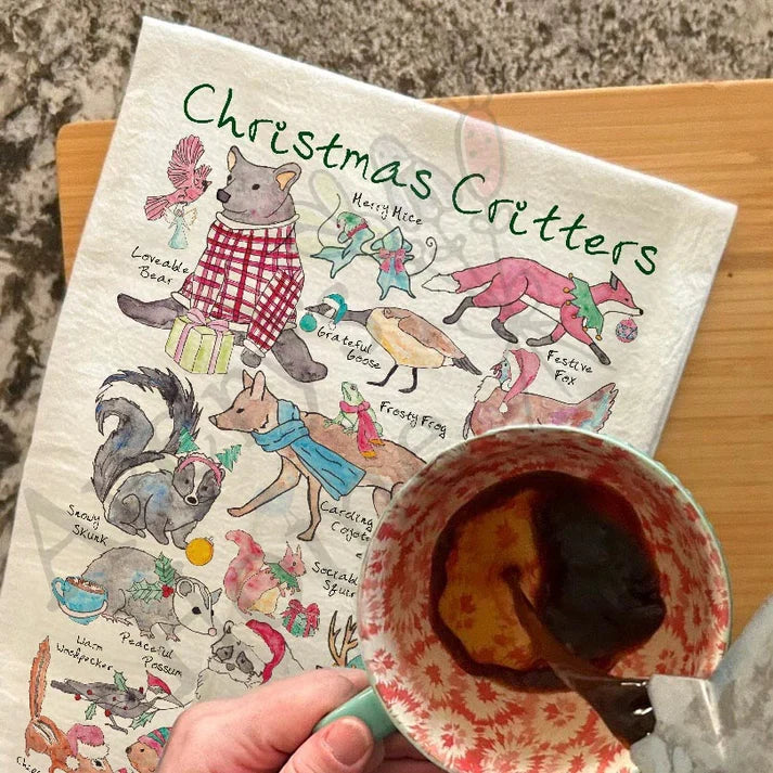 Christmas Critters dish towel, 27x27 flour sack cotton