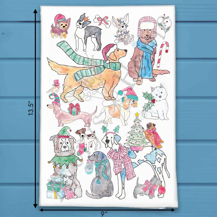 Adorable Dogs Christmas flour sack dish towel, art by Avery Jackson