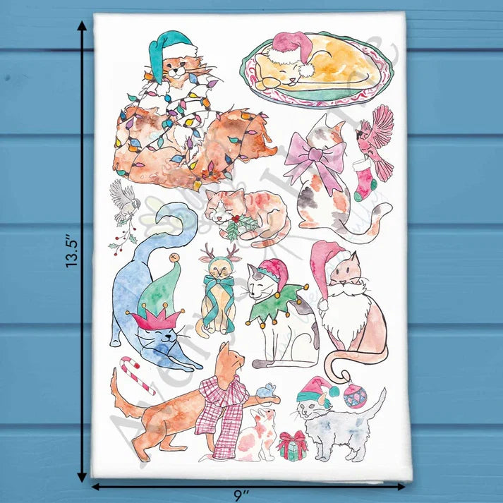 Adorable Cats Christmas flour sack dish towel, art by Avery Jackson