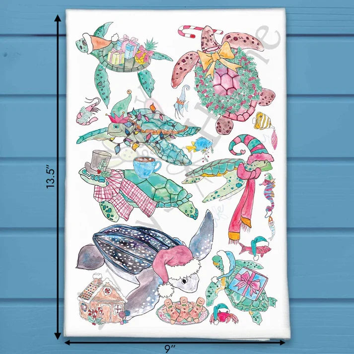 Christmas Sea Turtles no words flour sack dish towel, art by Avery Jackson