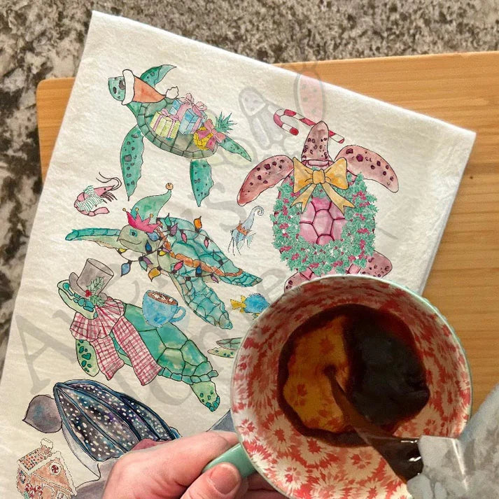 Christmas Sea Turtles no words dish towel, 27x27 flour sack cotton
