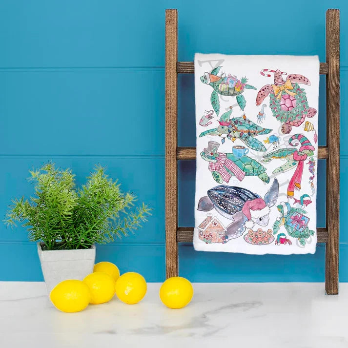 Christmas Sea Turtles (No Words) dish towel hanging in the kitchen