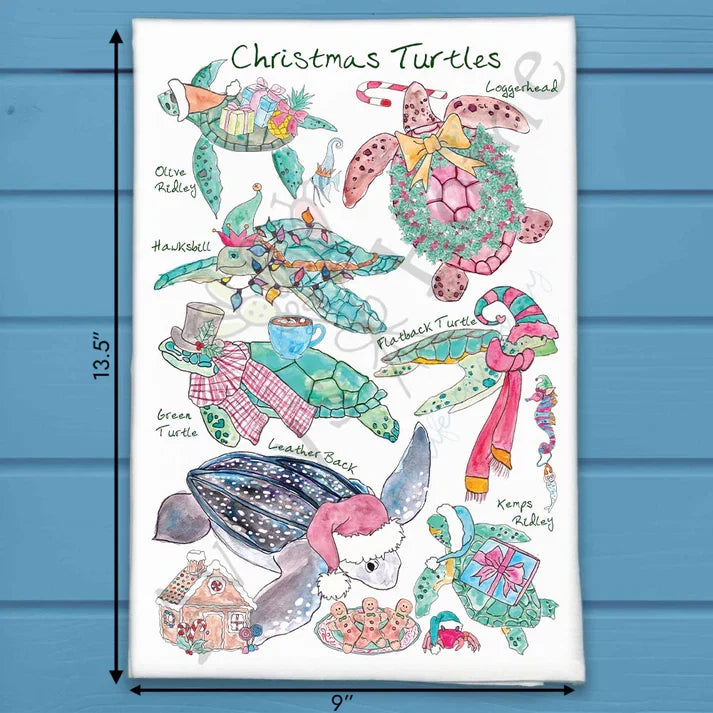 Christmas Sea Turtles flour sack dish towel, art by Avery Jackson