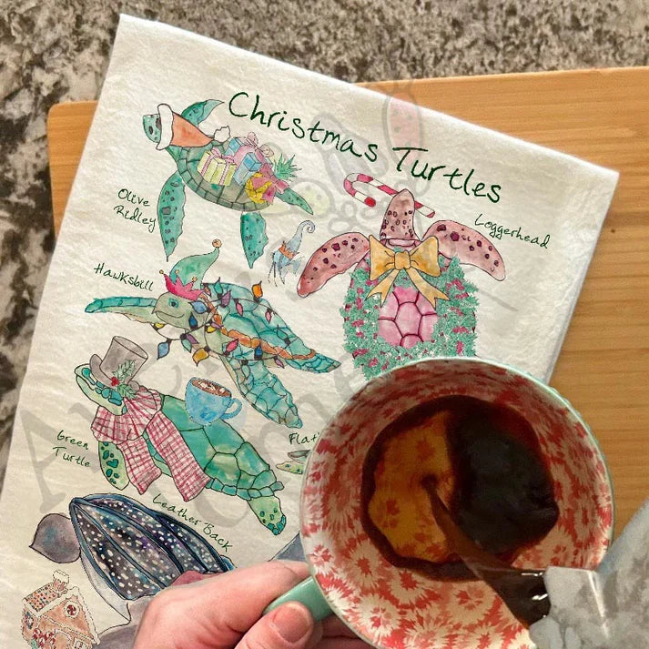 Christmas Sea Turtles dish towel, 27x27 flour sack cotton