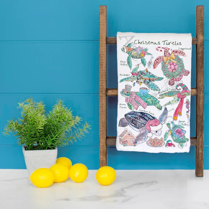 Christmas Sea Turtles dish towel hanging in the kitchen