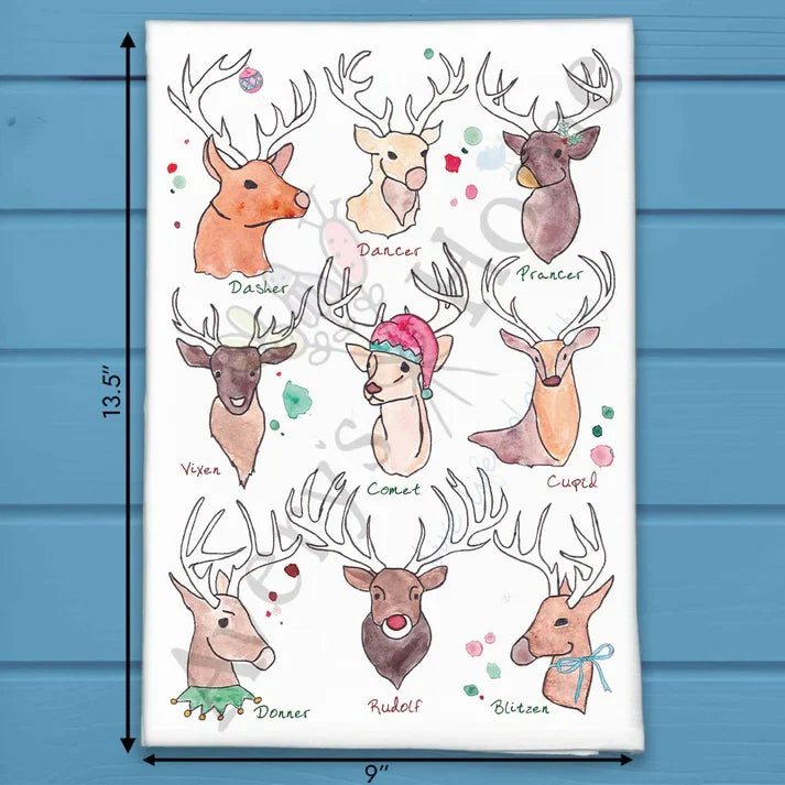 Santa's Reindeer Christmas flour sack dish towel, art by Avery Jackson