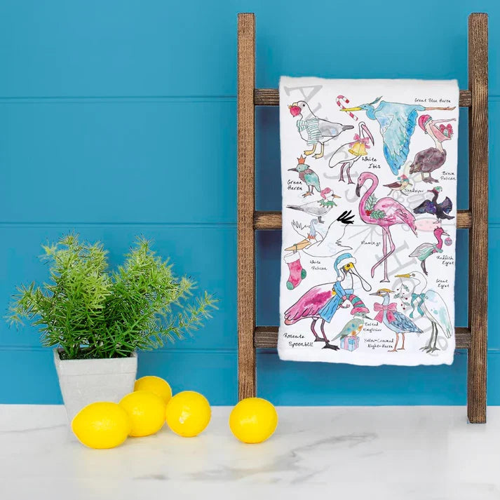 Christmas Coastal Birds dish towel hanging in the kitchen