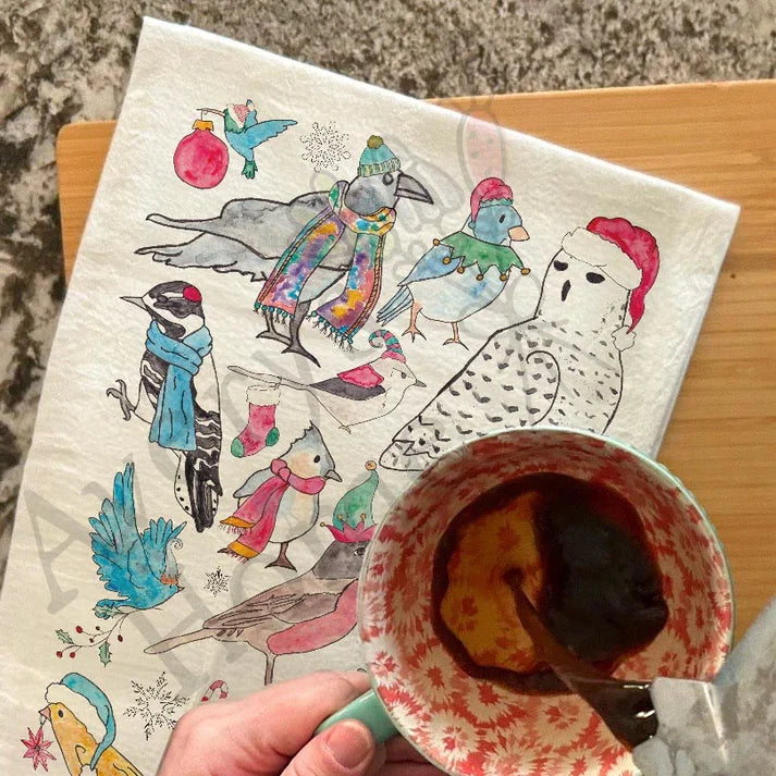 Christmas Birds dish towel, 27x27 flour sack cotton