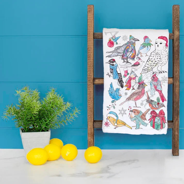 Christmas Birds dish towel hanging in the kitchen
