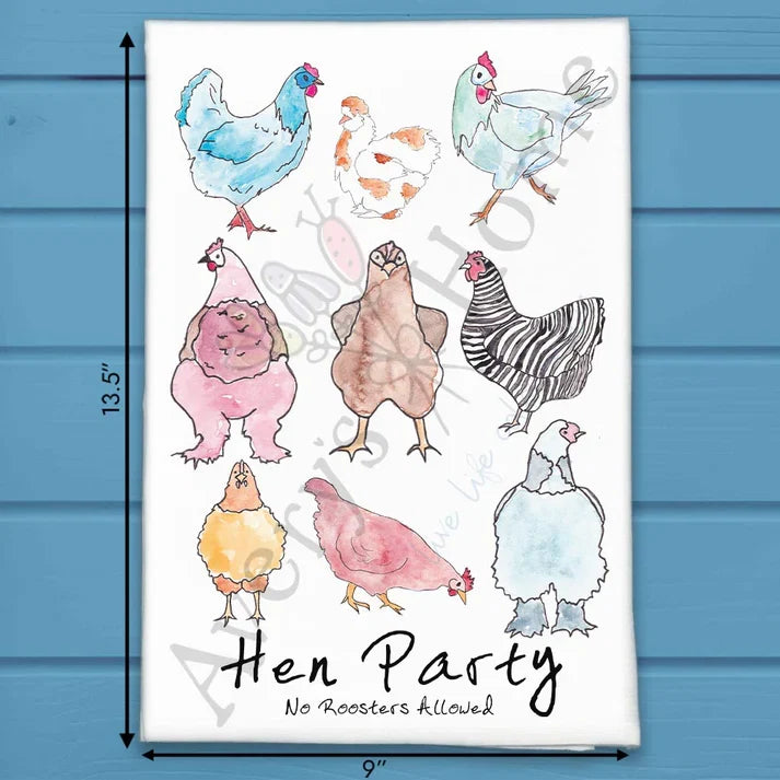 Hen Party flour sack dish towel, art by Avery Jackson