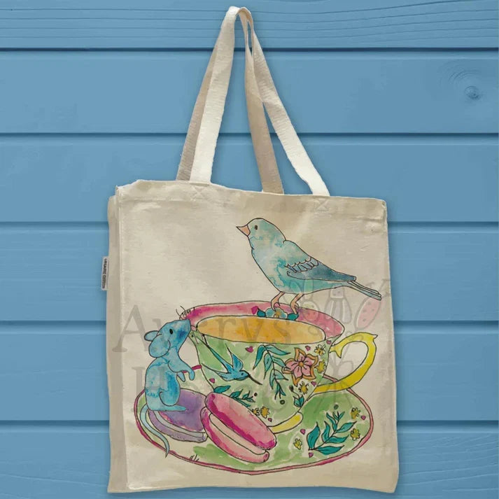 Teacup, Macaroons, Mouse, and Bluebird cotton tote bag, art by Avery Jackson