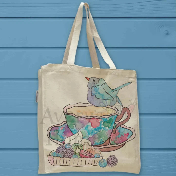 Teacup, Fruit Tart, and Bluebird cotton tote bag, art by Avery Jackson