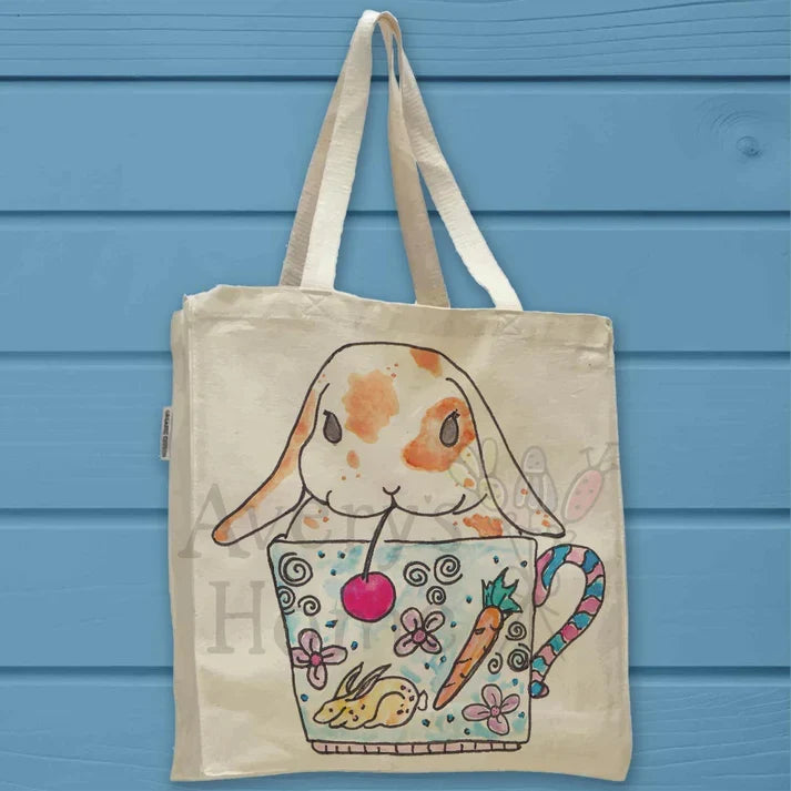 Teacup and Bunny Rabbit cotton tote bag, art by Avery Jackson