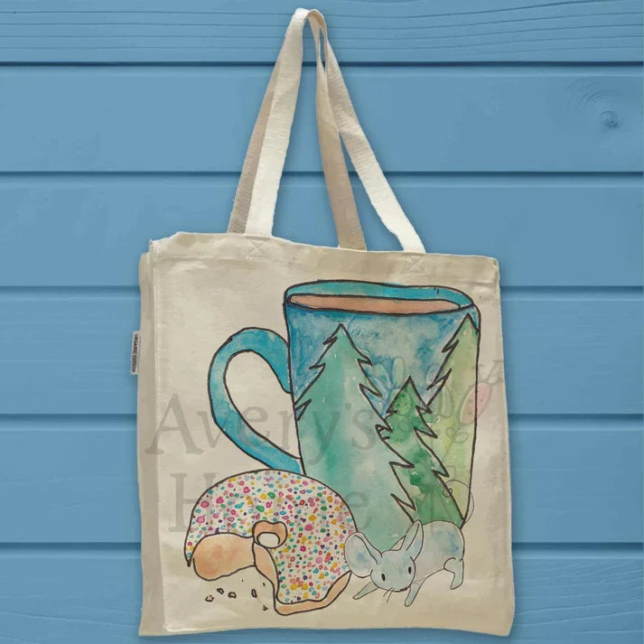 Forest Coffee Cup, Donut, and Mouse cotton tote bag, art by Avery Jackson