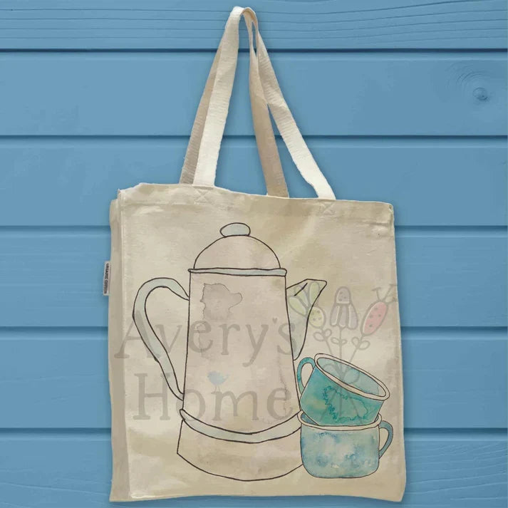 French Press Coffee Pot and Cups cotton tote bag, art by Avery Jackson