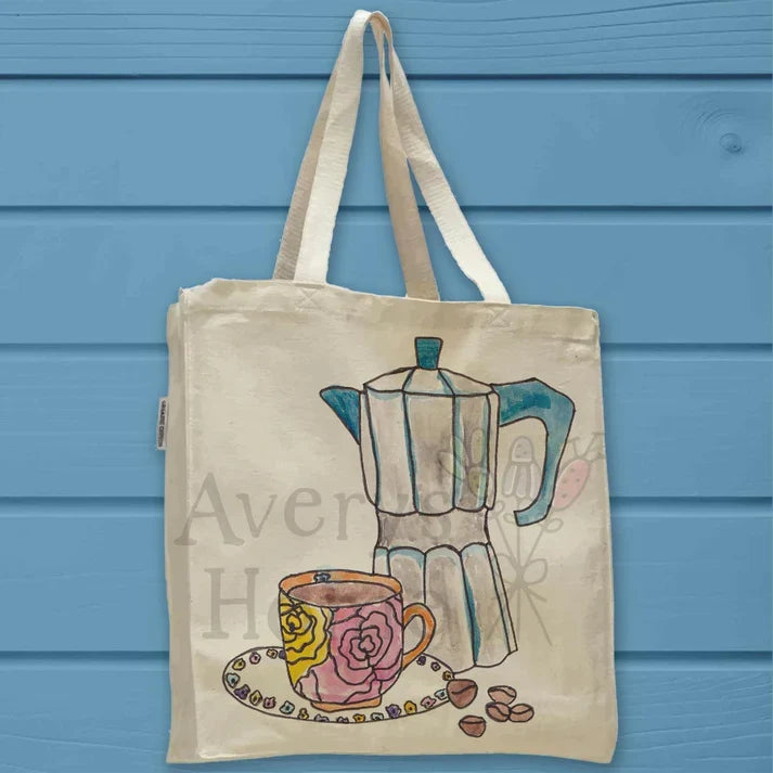 Express Coffee Pot and Coffee Cup cotton tote bag, art by Avery Jackson