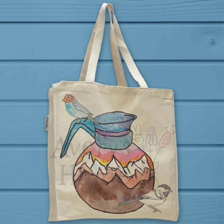 Mountain Coffee Pot and Birds cotton tote bag, art by Avery Jackson