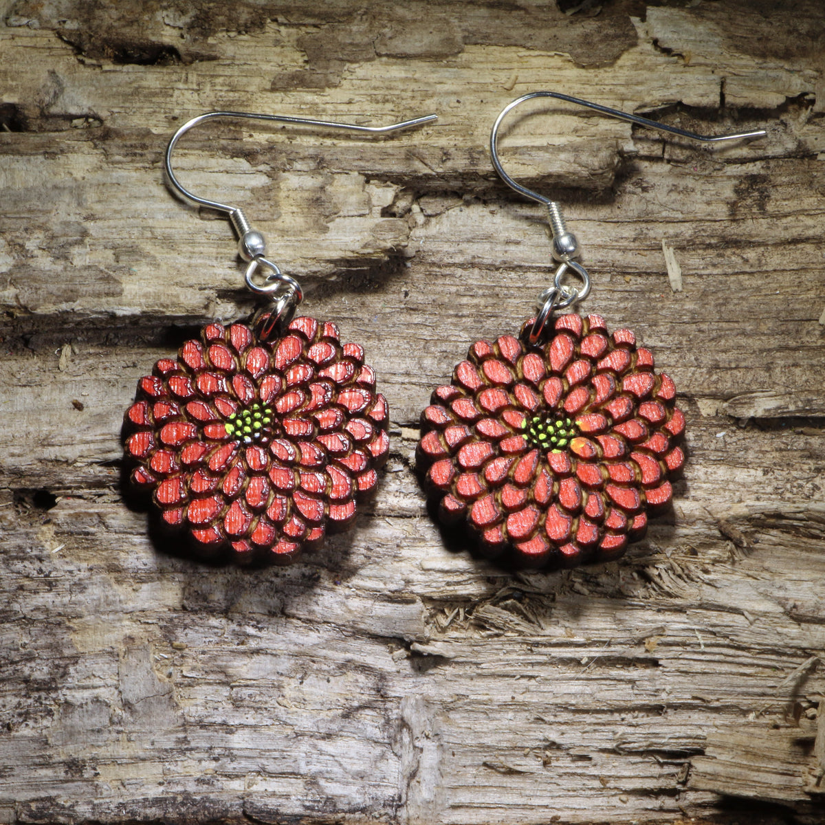 Zinnia Flower Wooden Earrings | Floral Garden Jewelry