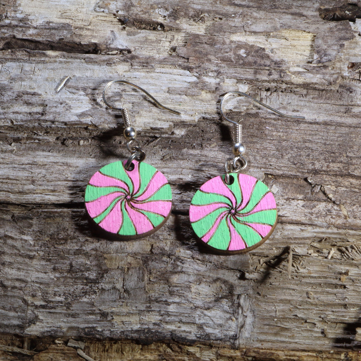 Pink & Green Peppermint Wooden Dangle Earrings | Christmas Candy Jewelry