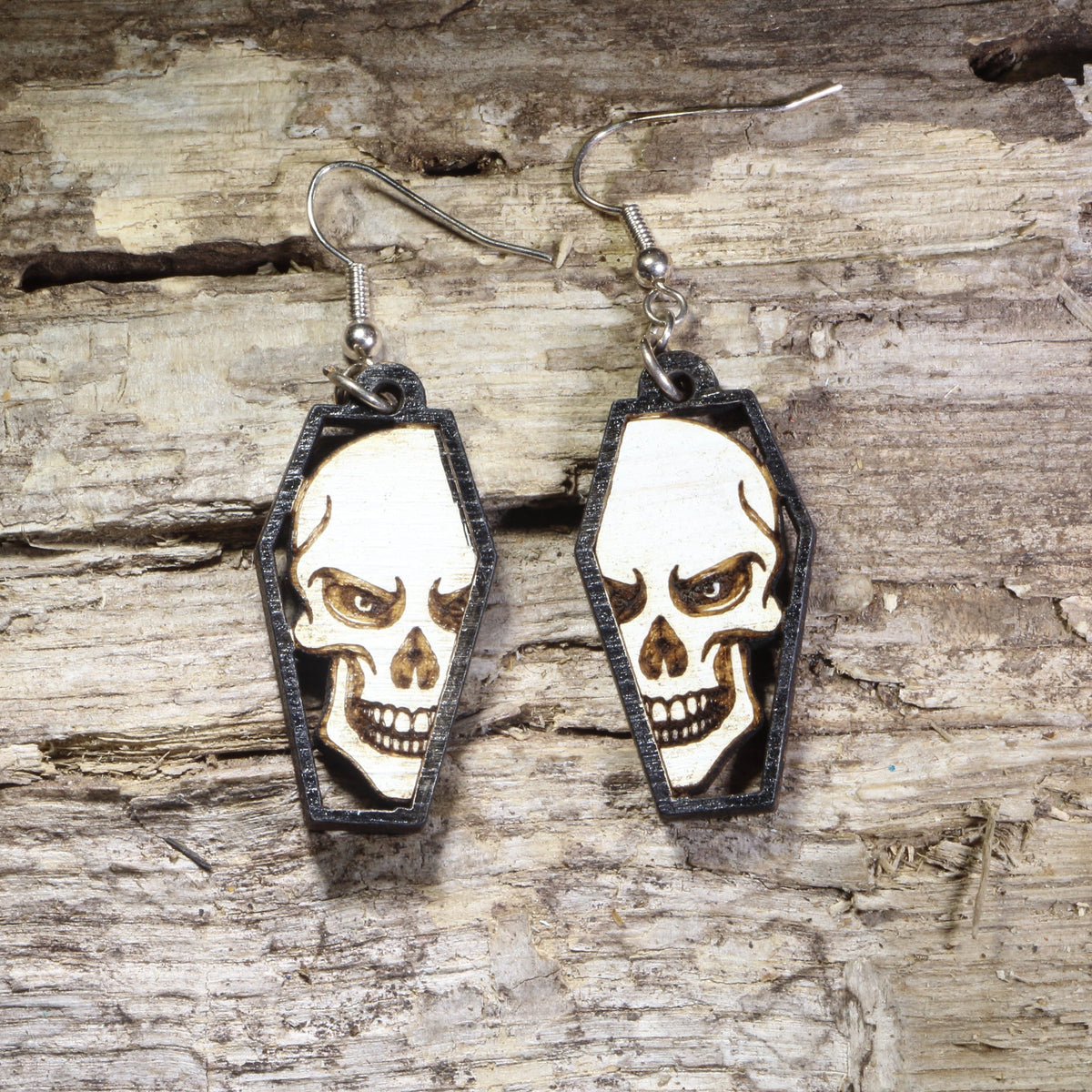 Skull Coffin Wooden Dangle Earrings | Gothic Halloween Jewelry