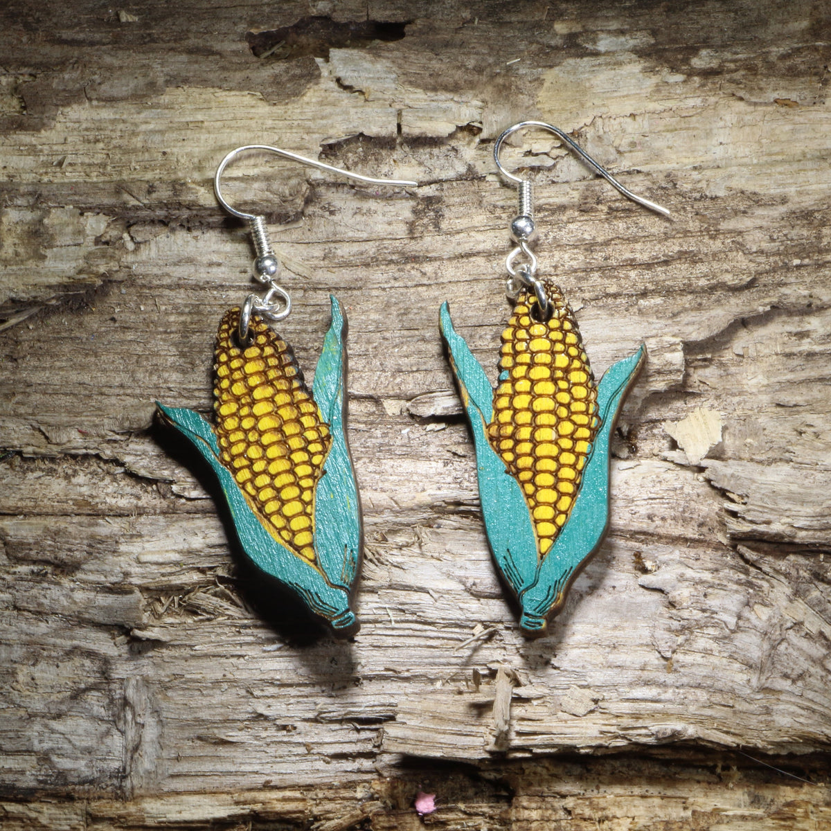 Corn with Husk Wooden Earrings | Farm Vegetable Food Jewelry