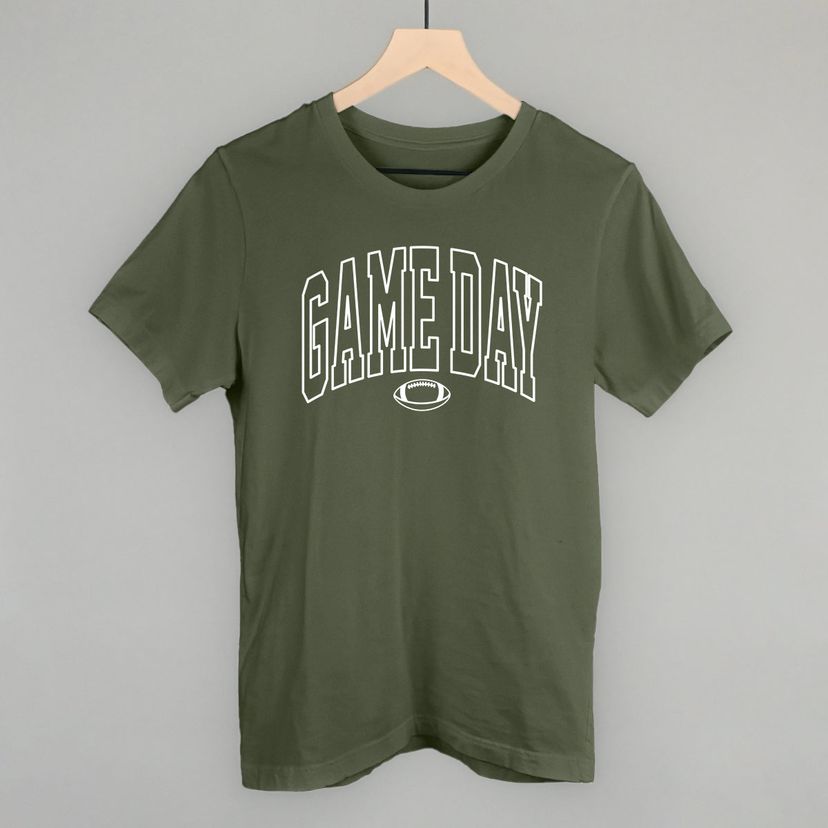 Game Day outlined arch design on a military green cotton tee